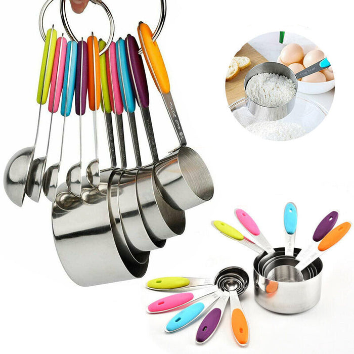 10 Pcs Measuring Spoons and Cups 430 Steel Silicone Scale