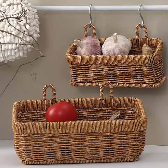 Rattan Style Wall-Mounted Hanging Storage Basket for Kitchen