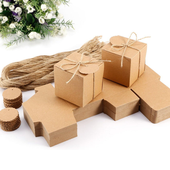 50 Pcs Kraft Paper Gift Boxes 7x7x7cm with Rope and Tags