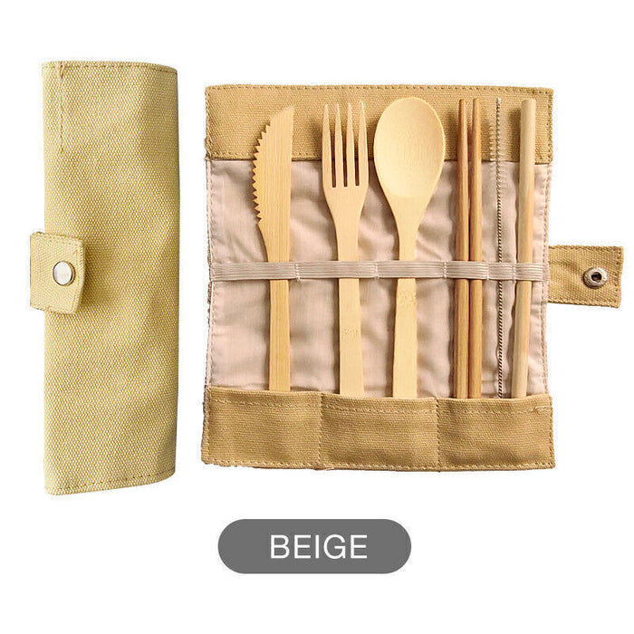 7 Pcs Reusable Bamboo Cutlery Set for Camping with Pouch