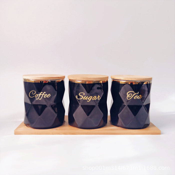 3 Pcs Ceramic Airtight Storage Jars with Bamboo Lids and Tray