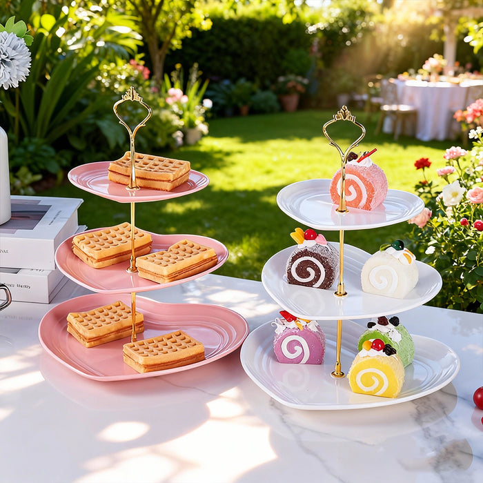 3 Pcs 3-Tier Porcelain Dessert Stand with Gold Heart Handle 26 x 33 cm