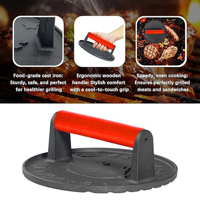 2PCS Cast Iron Meat Press Beech Wood Handle Round Square