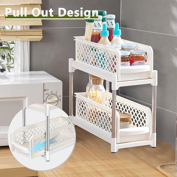 2 Tier Spice Rack Storage Organiser Plastic with Pull-Out Drawer