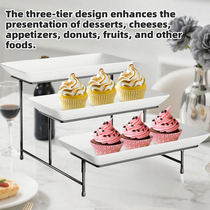 3-Tier Food-Grade PBT Dessert Display Stand 30 x 46 cm Black Metal Frame