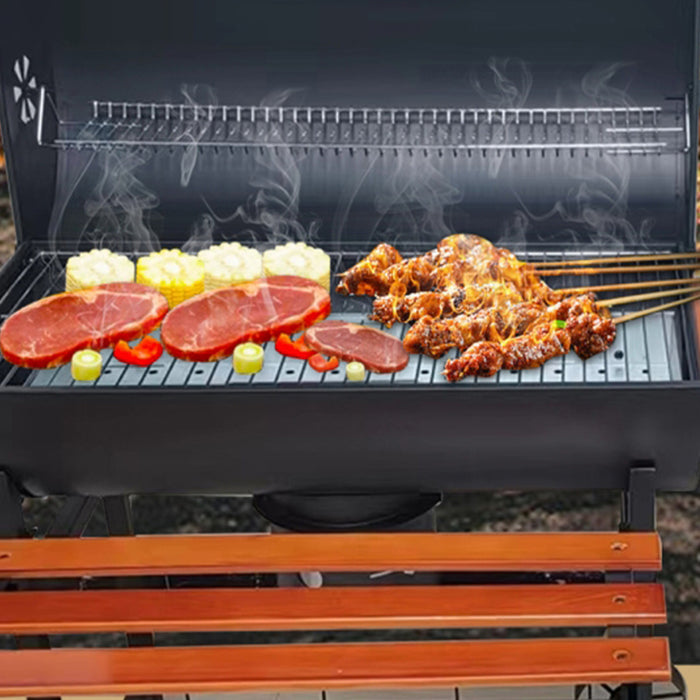 Portable Outdoor Charcoal BBQ Grill with Thermometer Wooden Shelf 105.5 x 85 x 118 cm