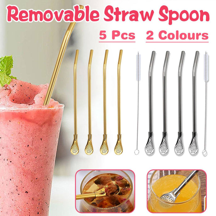 5 Pcs Straw Spoons with Removable Filter 18cm Stainless Steel