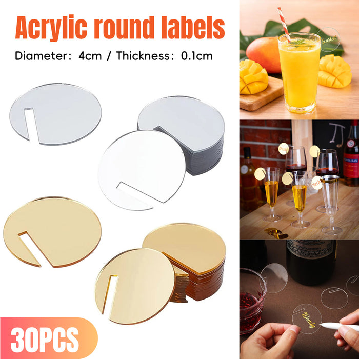 30 Piece Round Acrylic Drink Labels Clear Gold Mirror