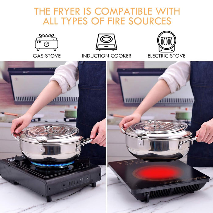 304 Stainless Steel Japanese Tempura Fryer 4.2L Oil-Saving with Thermometer