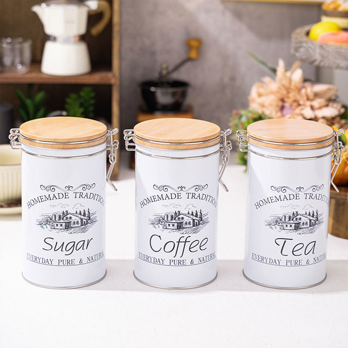 3PCS White Tinplate Coffee Tea Sugar Storage Jar Set