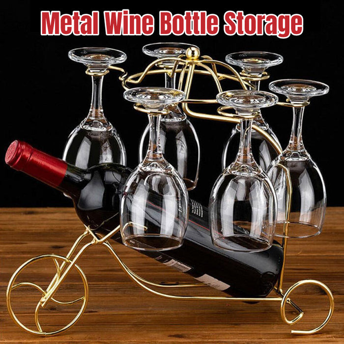 Iron Wine Bottle Holder Rack with 6 Glass Hangers Stand
