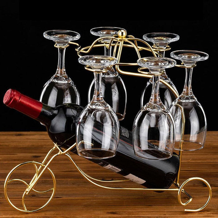 Iron Wine Bottle Holder Rack with 6 Glass Hangers Stand