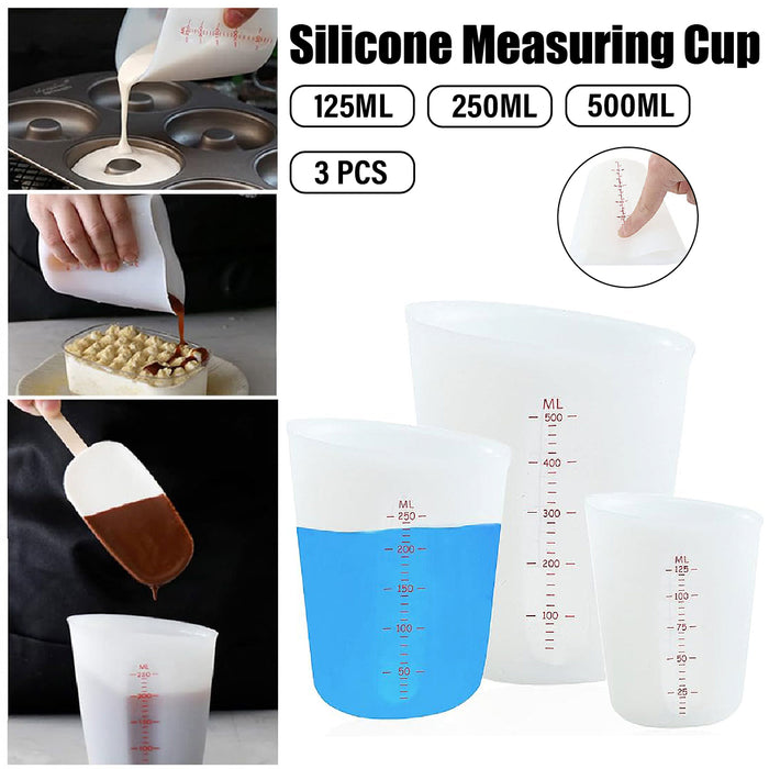 3 Pcs Silicone Measuring Cups White Double Scale 125ml 250ml 500ml