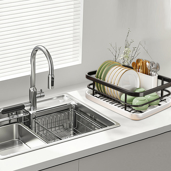 Kitchen Dish Drying Rack With Drainage Tube Tray Black