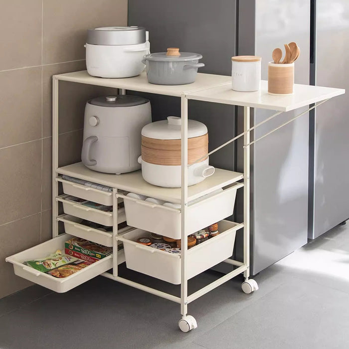 Movable Multilayer Side Table with Foldable Extension and Drawers