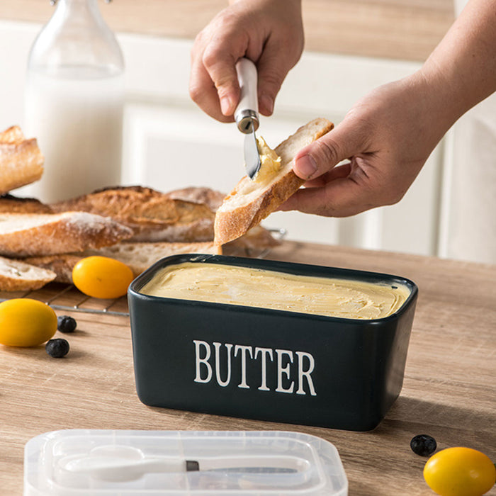 Ceramic Butter Box with Bamboo Lid Knife Slot 14.5cm