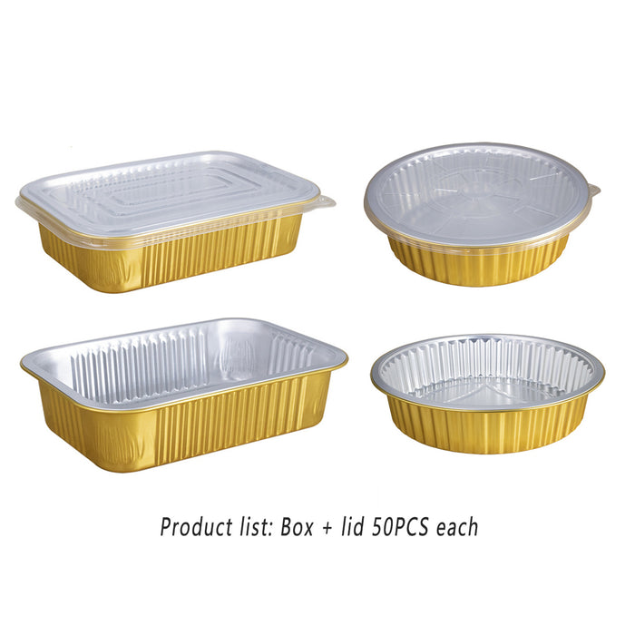 50Pcs Thickened Aluminum Foil Containers with Plastic Lids – Rectangular & Round