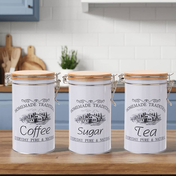 3PCS White Tinplate Coffee Tea Sugar Storage Jar Set