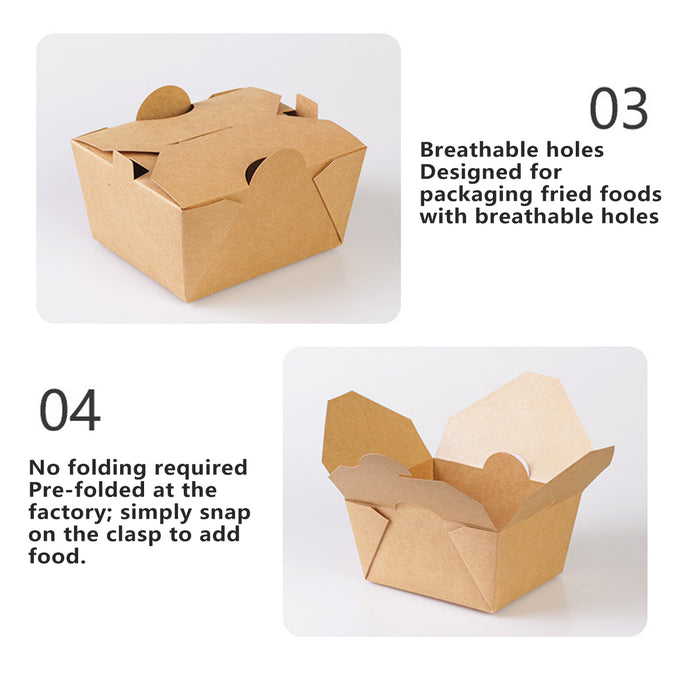 50PCS Disposable Kraft Paper Food Boxes, PE-Coated, Leak-Resistant, 750ml/1400ml