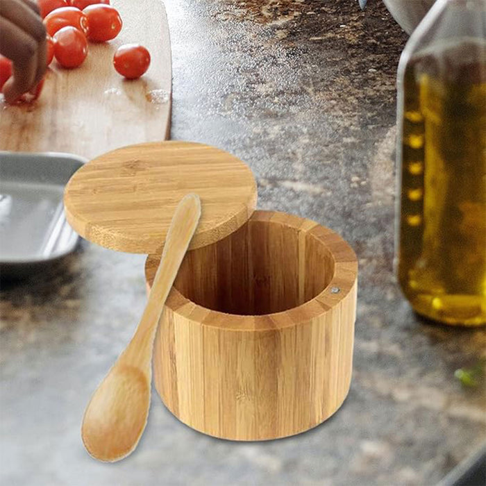 Bamboo Salt Box With Magnetic Swivel Lid And Spoon