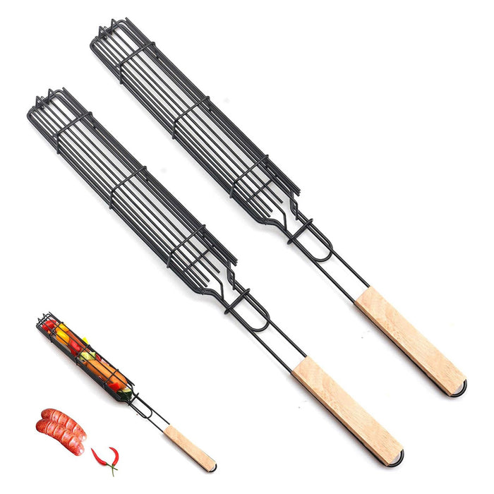 4 Pcs BBQ Grill Basket Set with Foldable Design and Wooden Handles