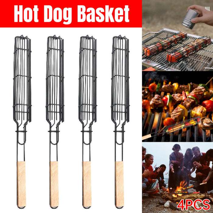 4 Pcs BBQ Grill Basket Set with Foldable Design and Wooden Handles