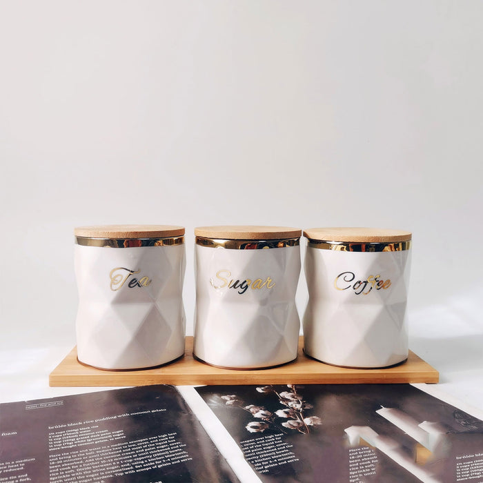 3 Pcs Ceramic Airtight Storage Jars with Bamboo Lids and Tray