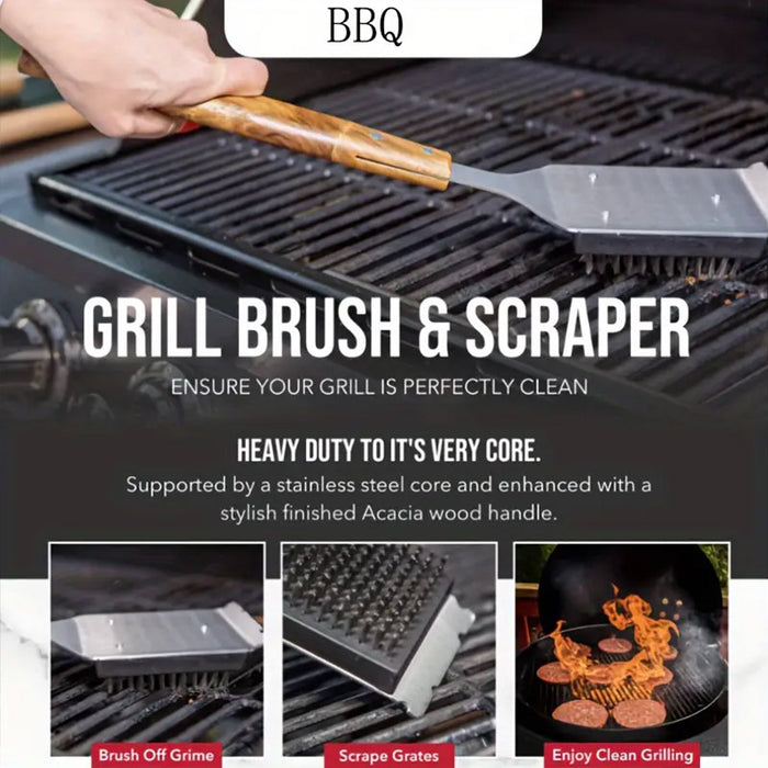 Stainless Steel BBQ Grill Cleaning Brush with Acacia Wood Handle 38 x 6.5 cm