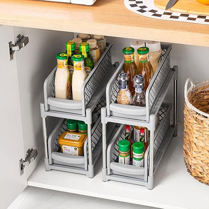 2 Tier Spice Rack Storage Organiser Plastic with Pull-Out Drawer