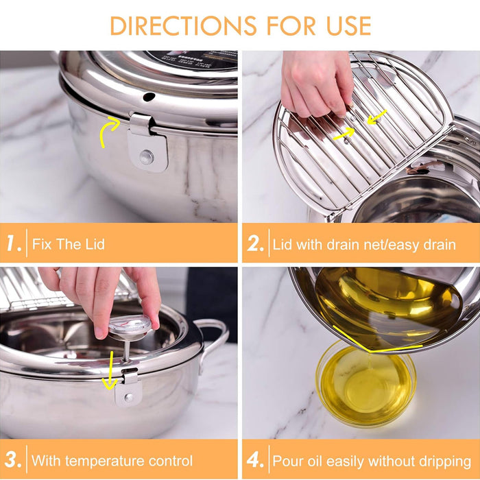 304 Stainless Steel Japanese Tempura Fryer 4.2L Oil-Saving with Thermometer