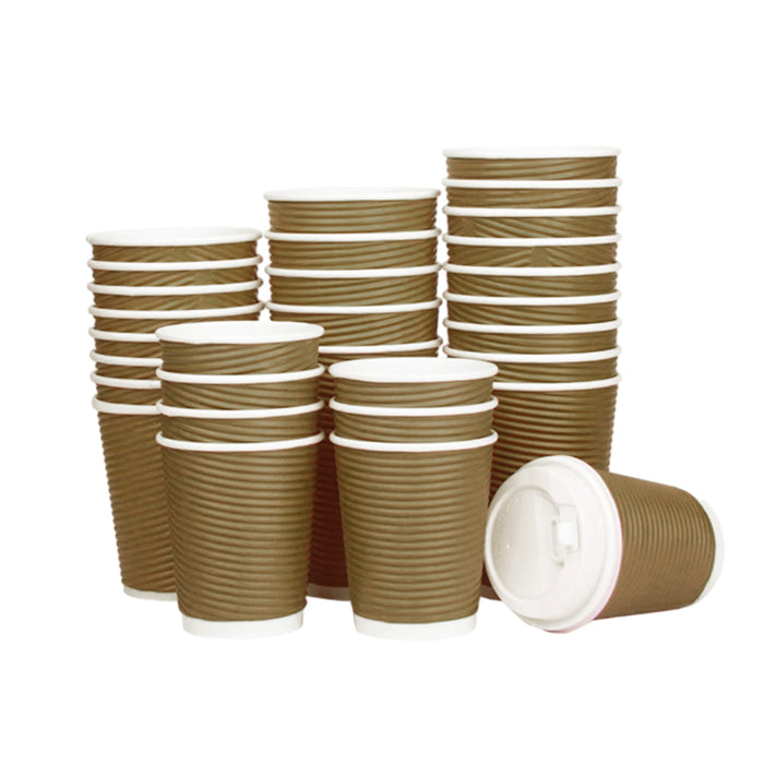 50 Sets Corrugated Paper Cups With White Lids 8oz 12oz 14oz 16oz