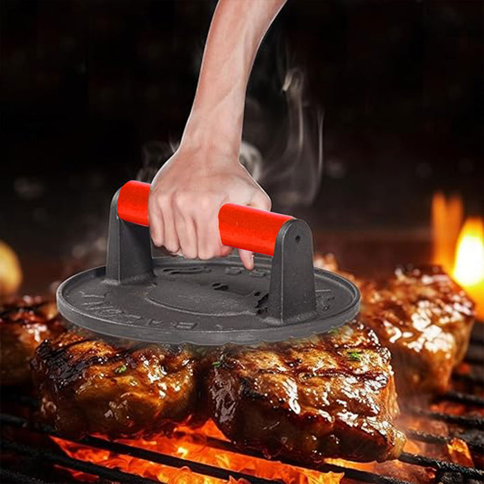 2PCS Cast Iron Meat Press Beech Wood Handle Round Square
