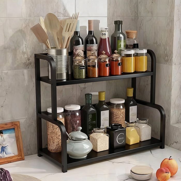 2 Tier Spice Rack Freestanding Steel Black With Hooks