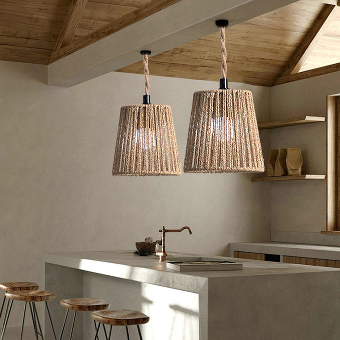 Paper Rope Lampshade Khaki Modern Chinese Zen Pendant