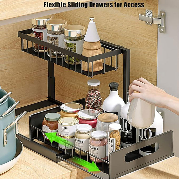 Two Tier Metal Storage Rack with Sliding Basket Black