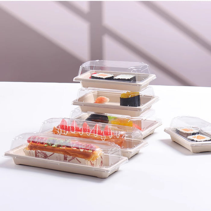 50 Pcs Biodegradable Sushi Boxes with Clear Lid Leak-Proof Natural Beige 8 Sizes