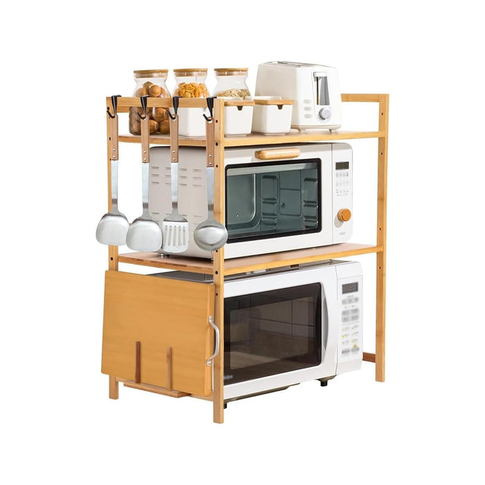 Expandable Microwave Rack Shelf Adjustable Bamboo With Hooks