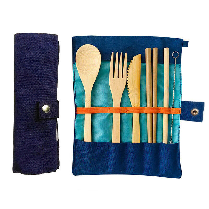 7 Pcs Reusable Bamboo Cutlery Set for Camping with Pouch