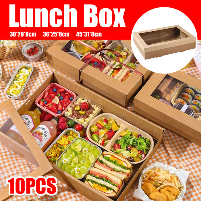 10 Pcs Food-Grade Kraft Paper Lunch Boxes for Outdoor Picnic in 3 Sizes
