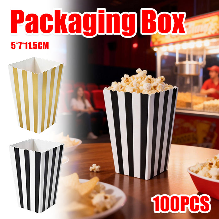 100 Pcs Food-Grade Striped Popcorn Boxes Large Capacity in Black or Gold