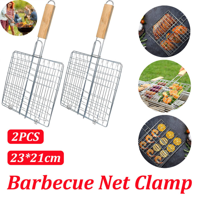 2 Pcs Electroplated Iron BBQ Net Clamp with Wooden Handle Square Mesh