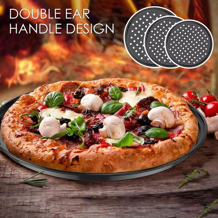 3 Pcs Non-Stick Perforated Pizza Pan Set Carbon Steel 24 cm / 26 cm / 28 cm