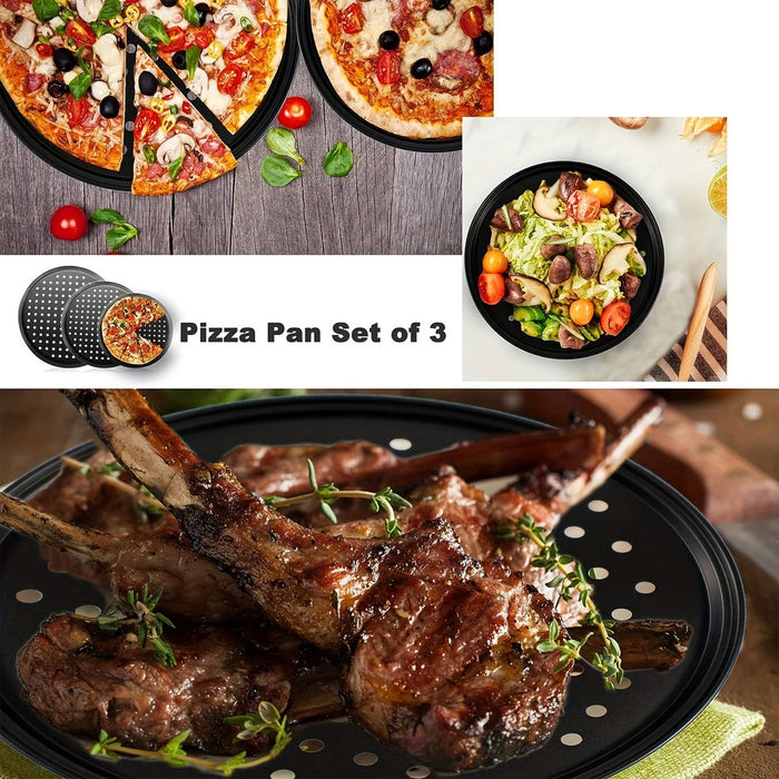 3 Pcs Non-Stick Perforated Pizza Pan Set Carbon Steel 24 cm / 26 cm / 28 cm
