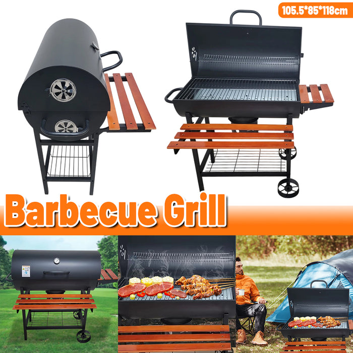 Portable Outdoor Charcoal BBQ Grill with Thermometer Wooden Shelf 105.5 x 85 x 118 cm