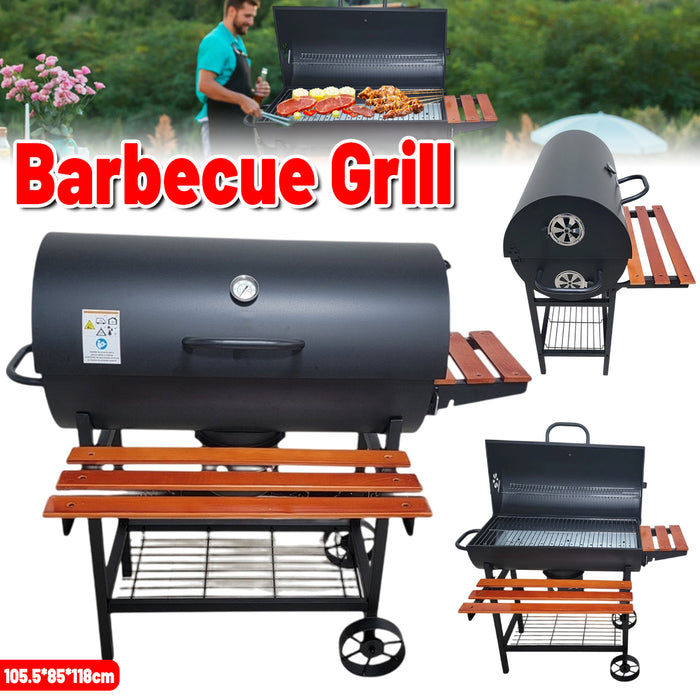 Portable Outdoor Charcoal BBQ Grill with Thermometer Wooden Shelf 105.5 x 85 x 118 cm