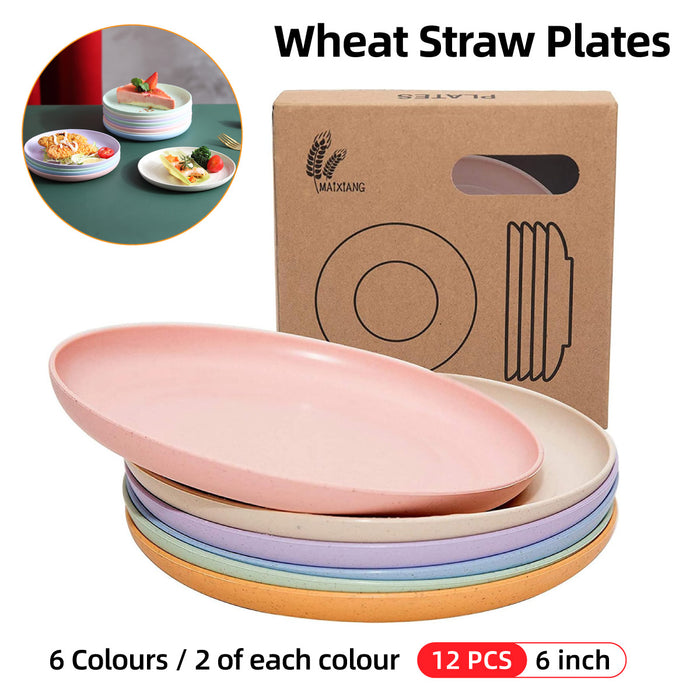12 Pcs Wheat Straw Plates 5.9in Round Six Colours Set