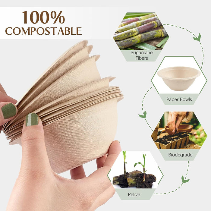 100 Pcs Sugarcane Fibre Paper Bowls Waterproof Oil Proof