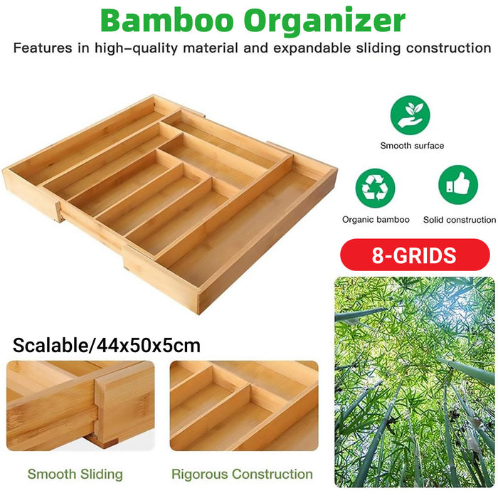 Expandable Bamboo Cutlery Tray Adjustable 32cm to 50cm