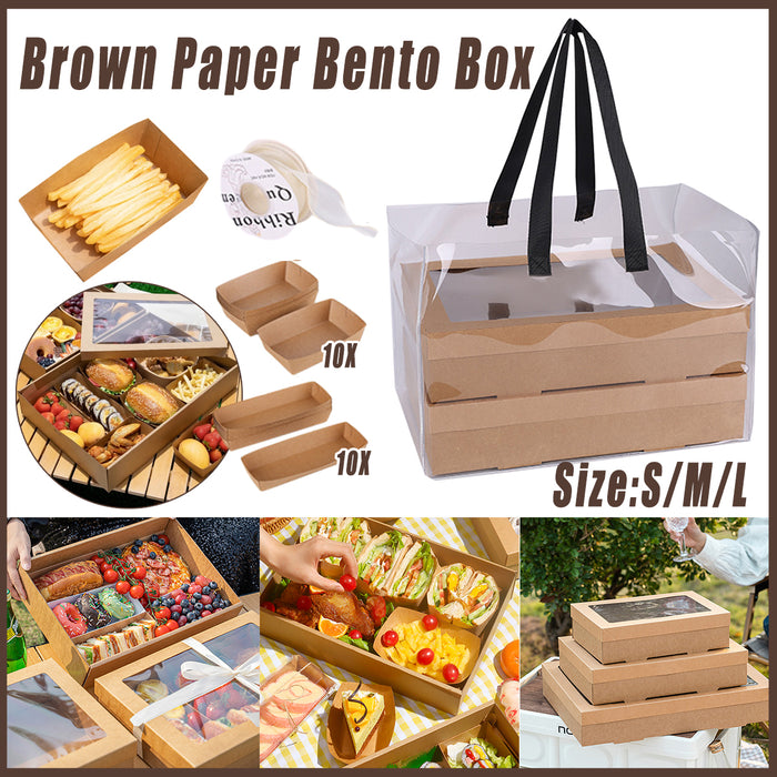 10 Pcs Camping Picnic Bento Boxes with Clear Window Eco-Friendly Cowhide Paper