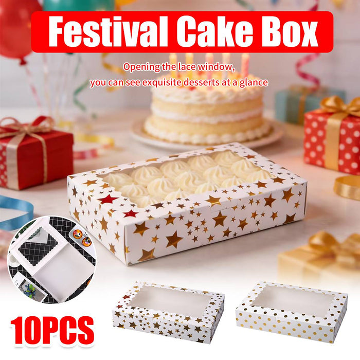 10 Pcs Window Cake Boxes with Gold Print Food-Grade Cardboard Star or Dot